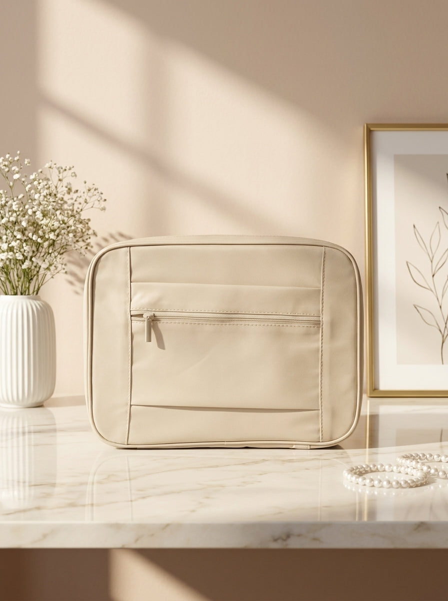 Beige rectangular beauty organizer with multiple zip compartments and front pocket